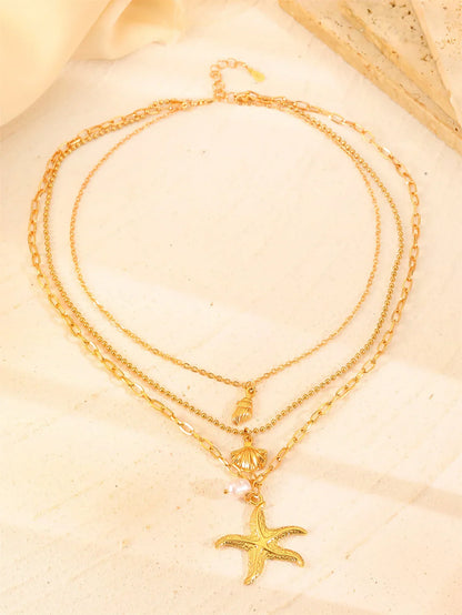 Women's 316L Stainless Steel Starfish Conch Shell Pearl Pendant Necklace 3-in-1 Choker Chain Jewelry Gift