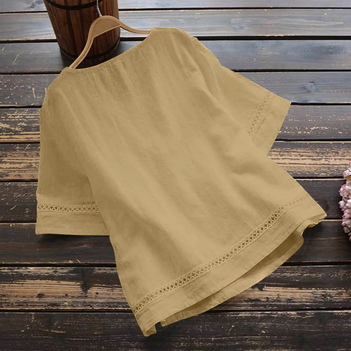 New Women's Elegant Cotton and Hemp Shirt Solid Color Casual Round Neck Hollow Half Sleeve Splicing Fashion Women's Top