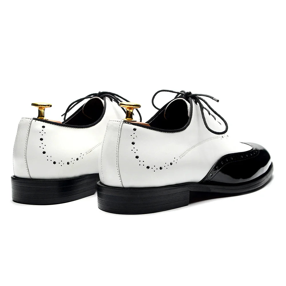Formal Oxfords Shoes for Men White Black Real Cow Patent Leather Business Lace-up Wingtip Toe Brogue Wedding Mens Dress Shoes