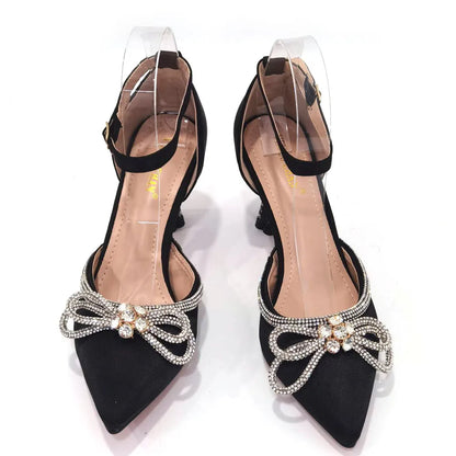 Ladies Pointed-Toe Party High Heels Magenta Colour Bow Rhinestone Stereo Bag Evening  African Wedding Shoe And Bag Set