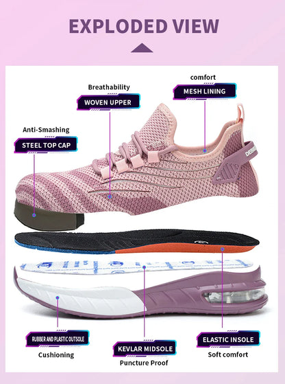 Ladies Safety Shoes Steel Toe Anti- Crush Fashion Pink Work Shoes Women's Footwear Comfortable Breathable for Office Use