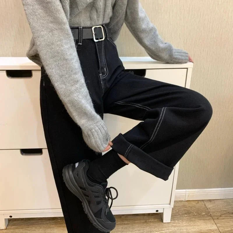 Woman Vintage Casual High Waist Black Jeans