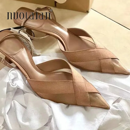 2024 Summer Woman Sandal Shoe Womens Pumps High Heels Sandals Fashion Pointed Toe Low-heel Pumps Slingbacks Elegant Heeled Shoes