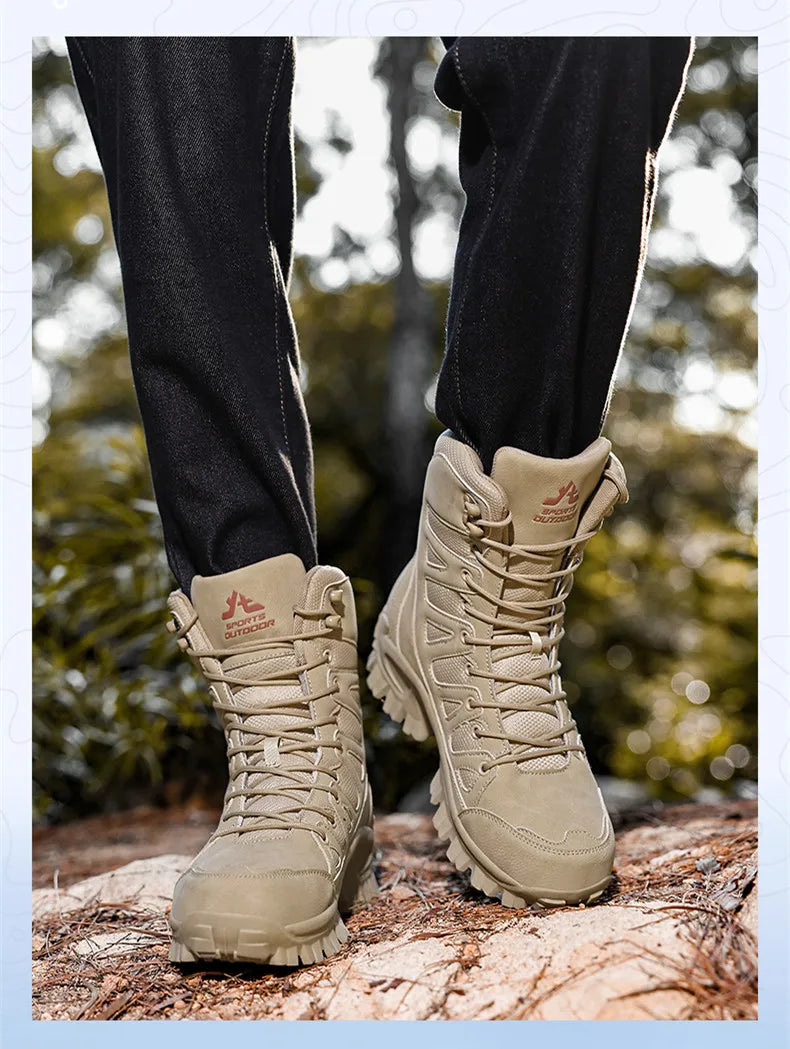 High-Top Leather Men's Boots Breathable Desert Combat Boots Outdoor Non-slip Hiking Boots Men Motorcycle Boots Work Ankle Boots