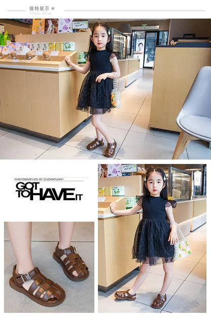 Children Hollow Out Shoes Boys Girls Roman Shoes British Style Non-slip Fashion Kids Toes Capped Shoes Peep Toe Solid Color