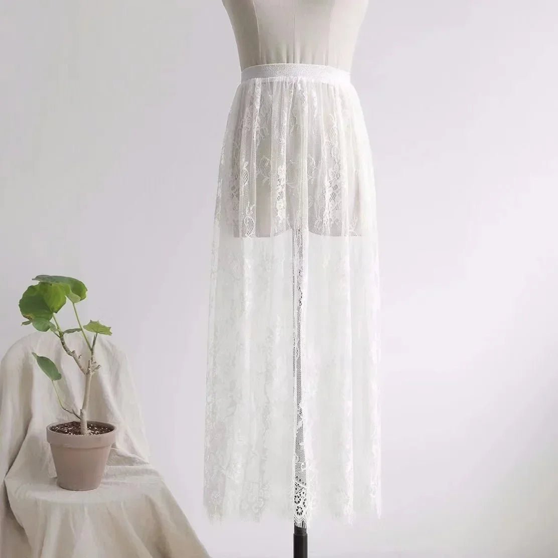 Transparent Sexy Lace Mesh Skirt Elastic High Waist Black White Tulle Mini Skirts Womens Skirt Korean Fashion Women's Skirt
