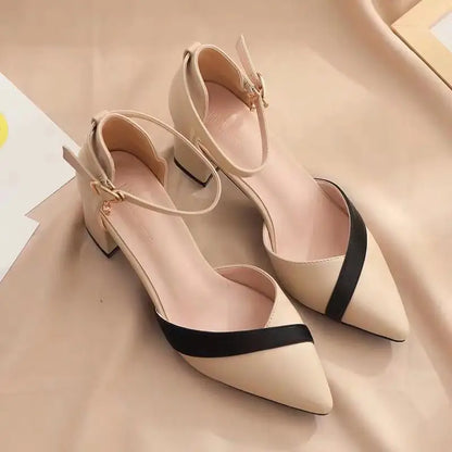 Sapatos femininos clássicos de salto quadrado bege bico fino para festa, senhoras, primavera, verão, fivela preta, couro PU, sapatilhas profissionais