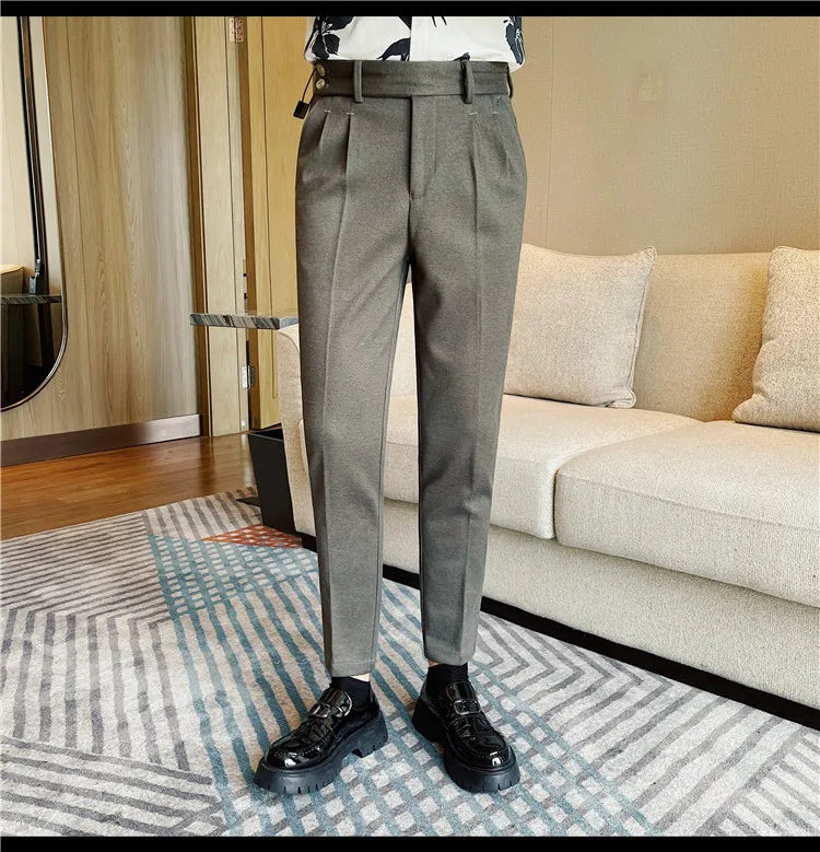 Men's Slim Fit Naples Business Casual Trousers Made of Autumn and Winter Wool, Thickened for Warmth, Classic Ankle-length Pants.