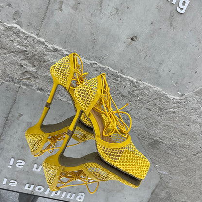 2025 Summer Sexy Mesh Pumps Sandals Female Square Toe High Heel Lace Up Cross-Tied Stiletto Hollow Dress Party Shoes