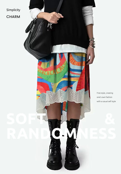 2024 Summer New Print Retro Midi Half Skirt Women's Elegant Lace Lower Half Colored Printed Half Skirt