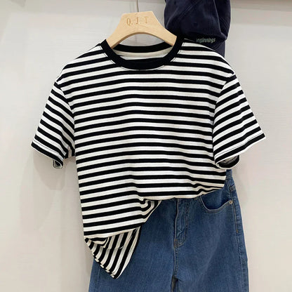 Summer Short Sleeve Striped T-Shirts Versatile Women Knitted Basic Casual Tops Female Cozy Loose Cotton Tees 2023 Harajuku Shirt