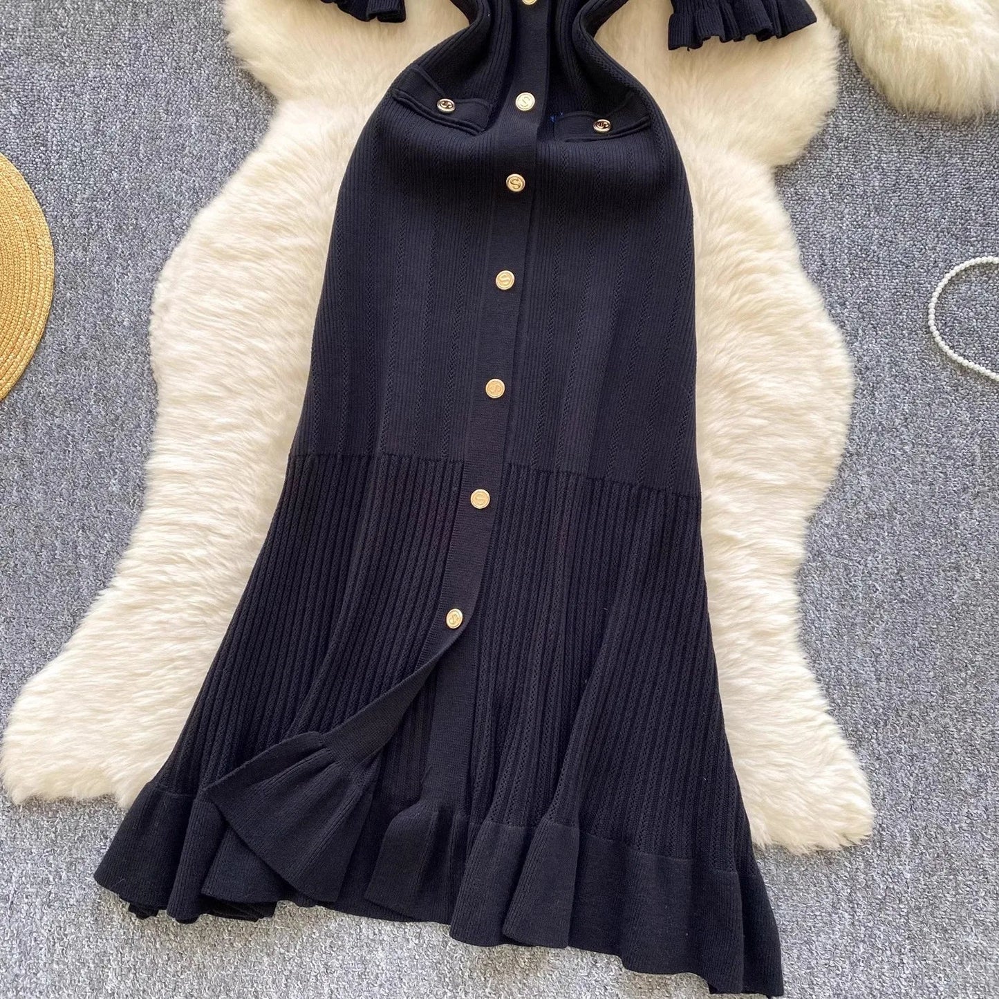 Fashion Vintage Knitted Long Dress Spring Summer Women Elegant V-neck Ruffled Bodycon Sweater Dress Party Vestido