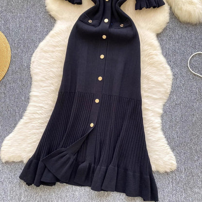 Fashion Vintage Knitted Long Dress Spring Summer Women Elegant V-neck Ruffled Bodycon Sweater Dress Party Vestido