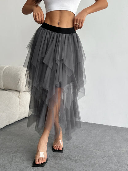 Ladies' high waisted elastic waist layered chiffon midi skirt with irregular asymmetric hem party casual mesh fairy ballet skirt