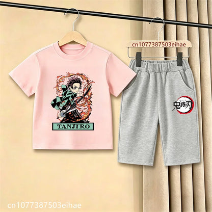 Demon Slayer Ghost Blade Art Print Kids T-Shirt Casual Shorts Manga Anime Style Boys Girls Summer Daily Casual Two Piece Outfit
