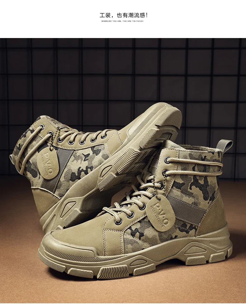 Men's canvas boots autumn winter new plus velvet high-top warm casual boots outdoor boots camouflage tooling boots desert boots
