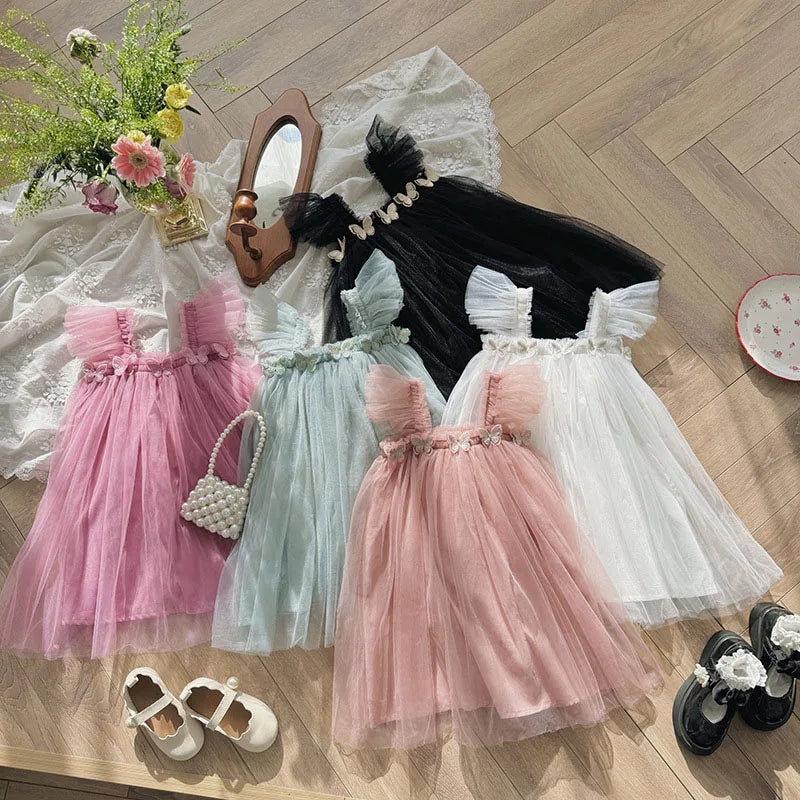 Summer Kids Sweet Mesh Dress Girls 5 Colors Suspended 3D Butterfly Skirt Children Tutu Princess Dress