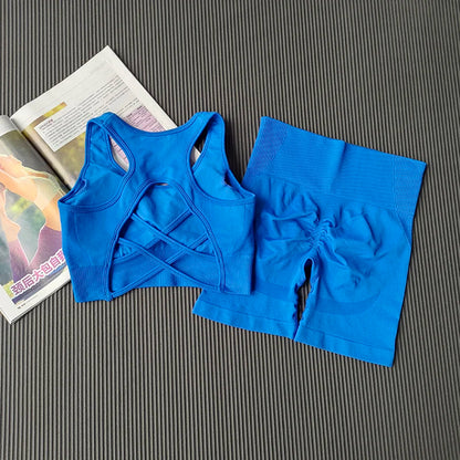 High Waist Butt Lifting Fitness Suit Gathering Beautiful Back Yoga Suit Bras Quick-drying Running Peach Buttock Training 2PCS