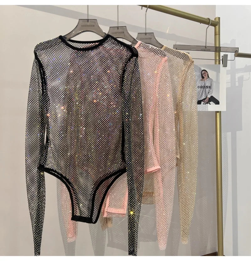 Women's Shiny Rhinestone Fishnet See-Through Bodysuit Mesh Fashion Sexy Bodysuit