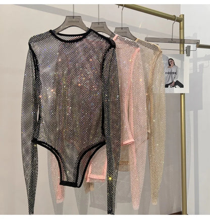 Women's Shiny Rhinestone Fishnet See-Through Bodysuit Mesh Fashion Sexy Bodysuit
