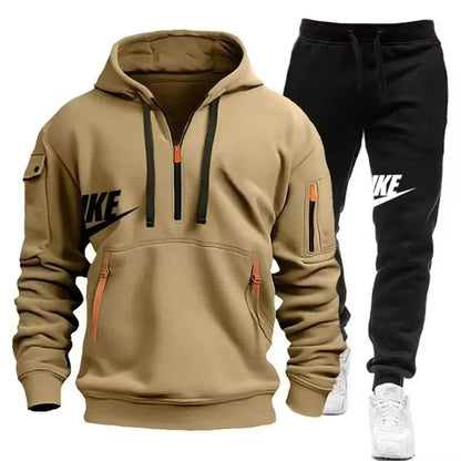 2025 New men's autumn and winter set: Multi-pocket hoodie + sport long pants set, casual men's wear, sportswear and warm set