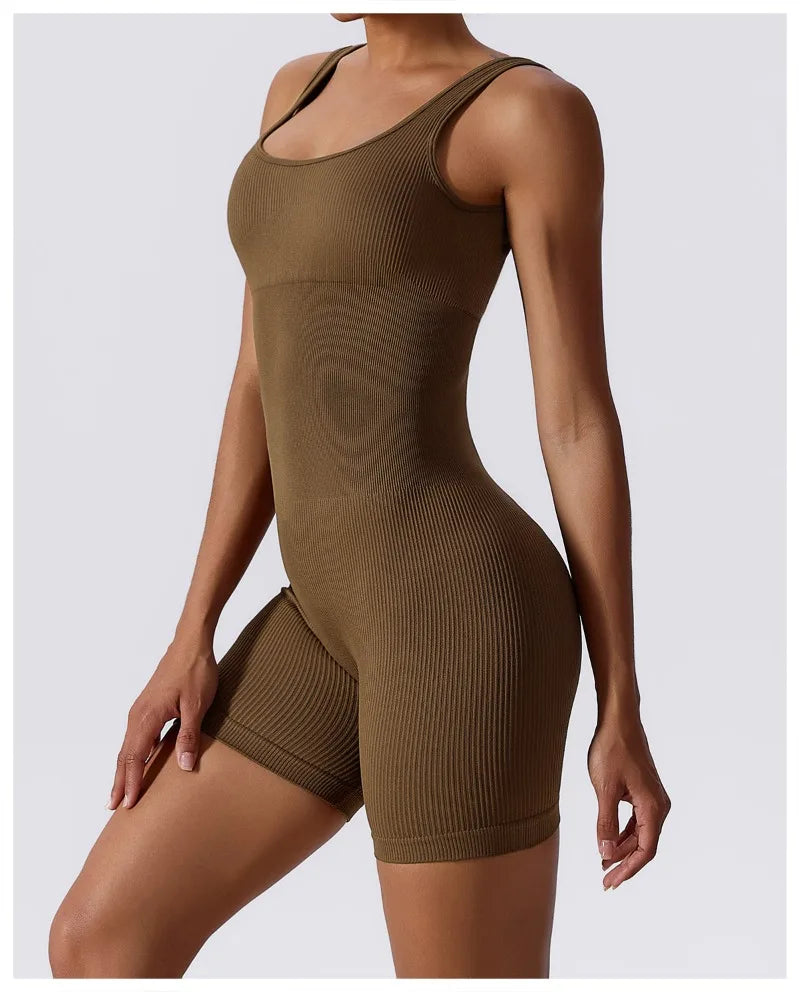 Women's Yoga Rompers One Piece Tummy Control Seamless Ribbed Jumpsuit Padded Sports Bra Workout Romper Fashion Fitness Sportwear