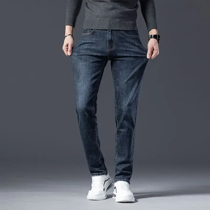 Autumn Winter High Quality Elastic Mens Jeans Cargo Slim Fit Denim Pencil Trousers Midweight Long PantsHighHigh  Jeans Man