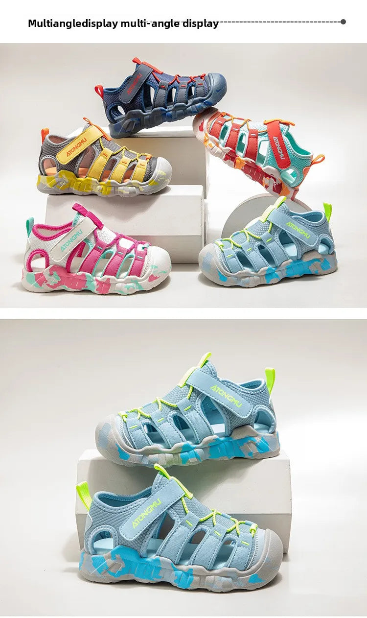 Children Summer Sports Sandals Girls Beach Outdoor Non-slip Hiking Shoes Boys Hollow Breathable Anti Collision Round Toe Sandals