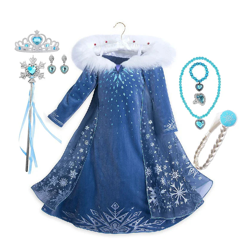 Girls Cosplay Frozen Elsa Princess Dress Children Winter Fill Sleeve Snow Queen Costume Kids Carnival Birthday Party Dresses