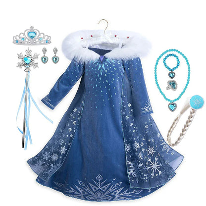 Girls Cosplay Frozen Elsa Princess Dress Children Winter Fill Sleeve Snow Queen Costume Kids Carnival Birthday Party Dresses