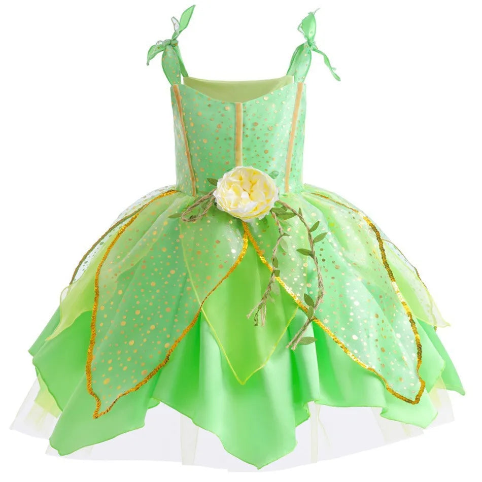 Elf Movie Tinker Bell Girls Play Fairy Dress Green Suspender Skirt With Wings and Flower Christmas Gift for Girls