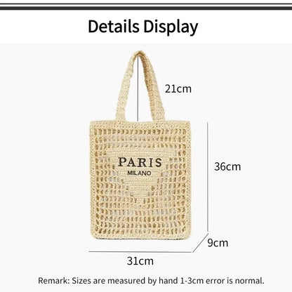 Women's Summer Beach Straw Style Tote Bag Handwoven Large Capacity Luxury Designer Travel Handbags Casual Portable Shoulder Bags