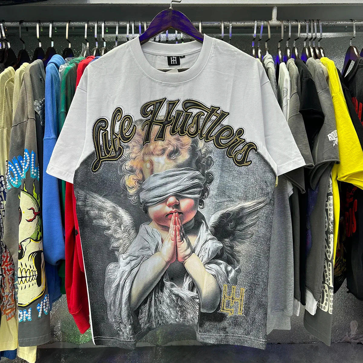 Masked Angel Shooting Arrows Diamond Cotton Short Sleeve Tshirts for Men and Women Crew Neck Loose Summer T-shirt Oversized Tees