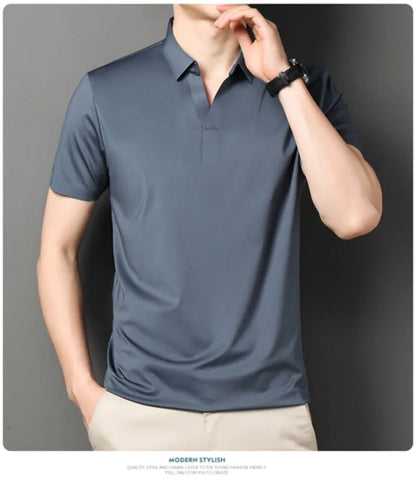 2024 High-quality Elastic Stretch POLO, Business Casual Men's Short-sleeved Shirt, Seamless V-neck M-4XL Men's Polo Shirt