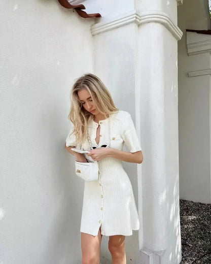 Elegant Knit Mini Dress Women Street Slim High Waist Short Sleeve Rib Sweater Dresses Vacation Bodycon Knitwear Dress