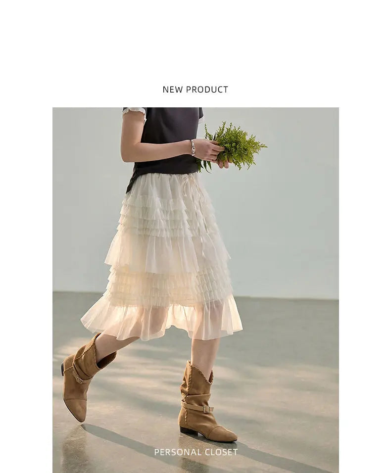 Korean Style Lace Elastic Waist Cake Skirt Mesh Puffy Skirt Women's Dress Knee Length Casual A-Line Skirt Micro Stretch No Slit