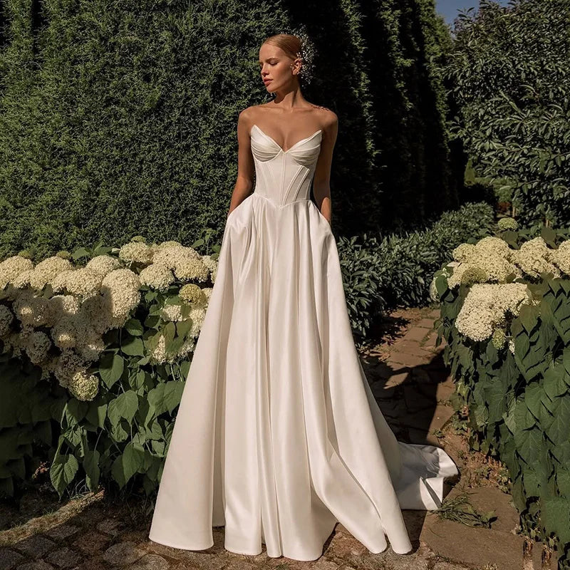 Simple A-Line Wedding Dresses 2025 Sweetheart Long Bridal Dress With Pocket Women Evening Wedding Prom Gowns Customized