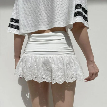 Summer Kawaii White Ruflles Skirt Women Fashion Slim Fit Mini Skirts TeenGirl Y2k All Match Elastic High Waist Goth Outfit