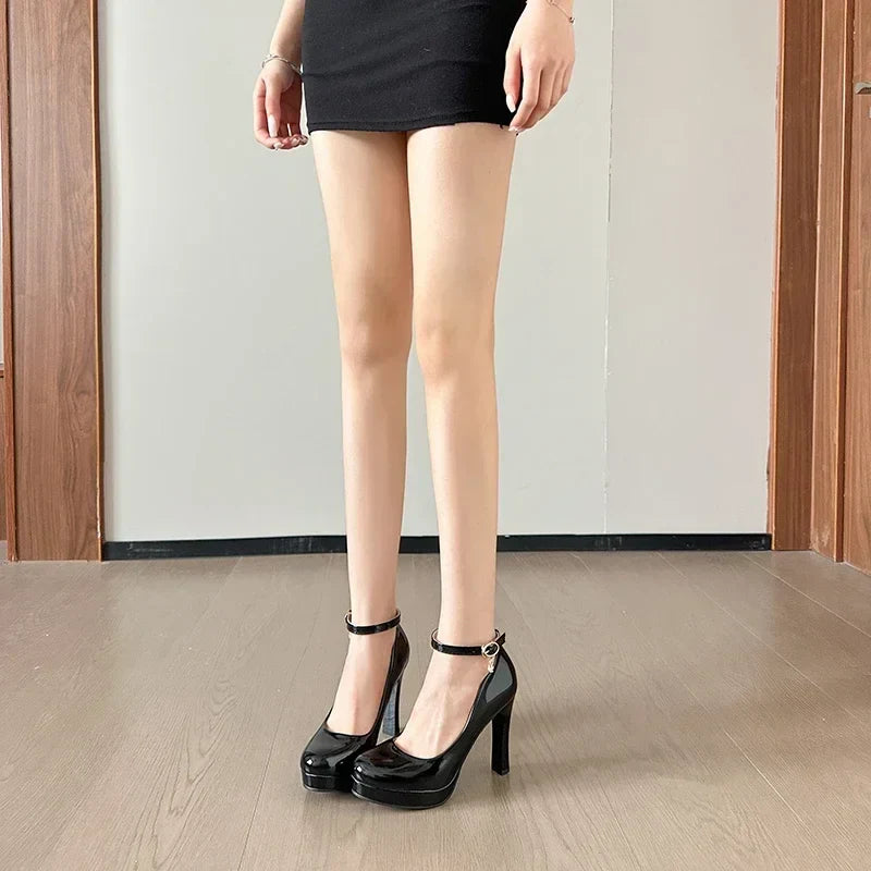 Thick-sole waterproof platform high heels model show sexy black patent leather dress fashionable ultra-high heels summer large