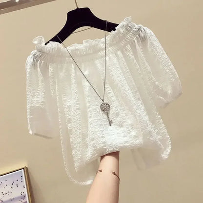 Black casual slash neck puff sleeve chiffon pullover women's blouse shirt female clothing tops fashion short blouses 2025