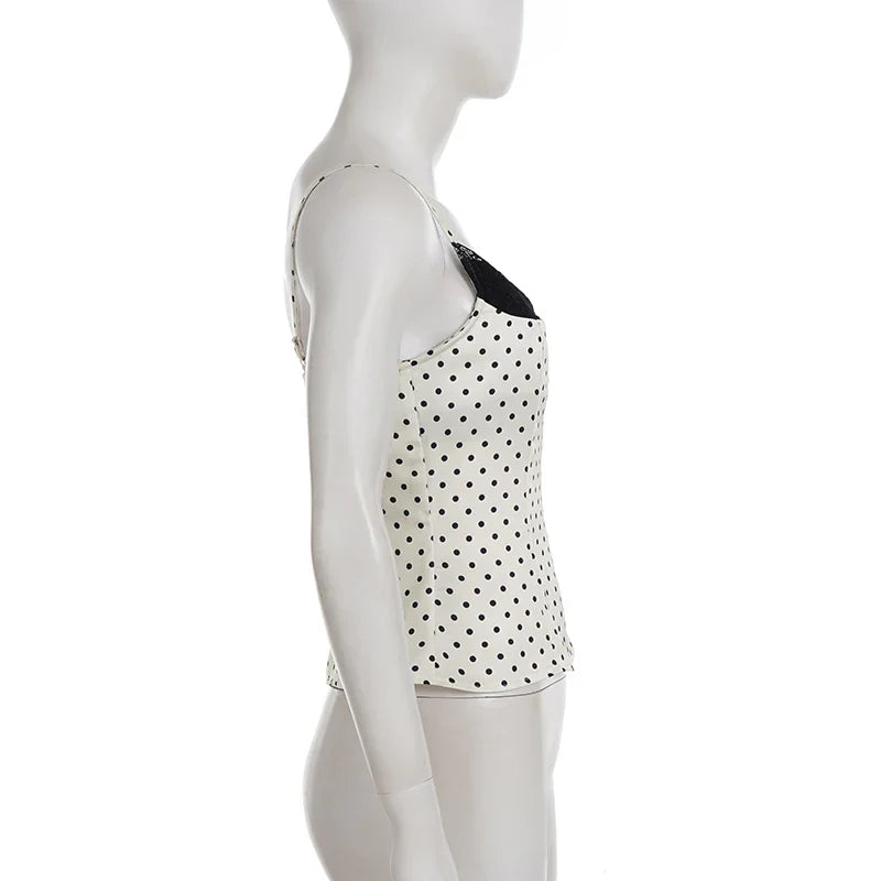 Chic Lace Patchwork Polka Dot Camis Tops Elegant Sleeveless Tank Tops Summer Casual Daily Wear Streetwear Camisole 2026