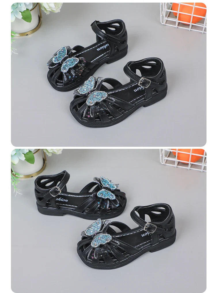 Shine Children Sandals for Girls Butterfly Cute Designer Kids Shoes Peep-toe Korean Style 2023 Summer New Soft Breatheable Chic