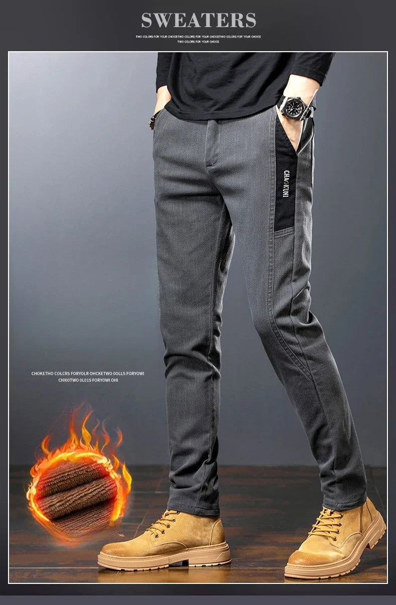 Winter Mens Fashion Fleece Warm Casual Pants Slim Straight Leg Korean Thermal Trousers Business Thicken Velvet Brand Streetpants