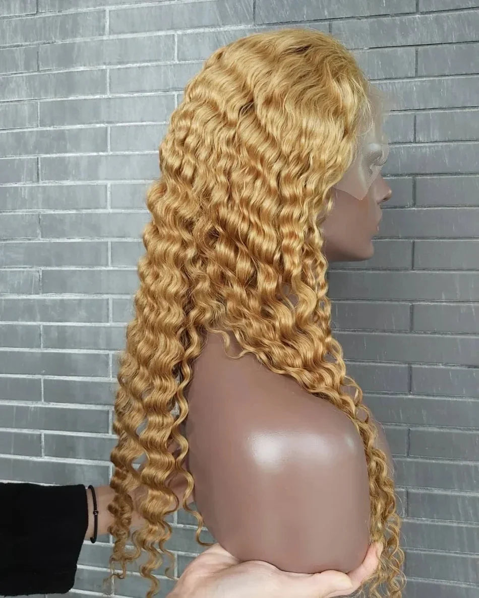 38Inch 13x6 HD Transparent Lace Front Wig Human Hair #27 Deep Wave Pre Plucked 200% Density Honey Blonde Curly Wig For Women