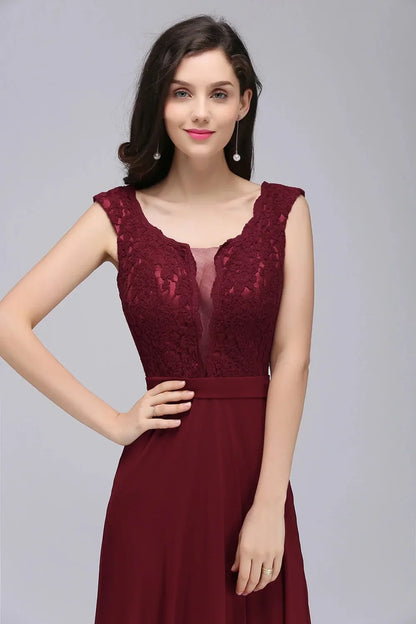 2024 Sexy Illusion O Neck Elegant Long Burgundy Evening Dresses Lace Sleeveless A-Line Chiffon Formal Party Prom Gowns Vestidos
