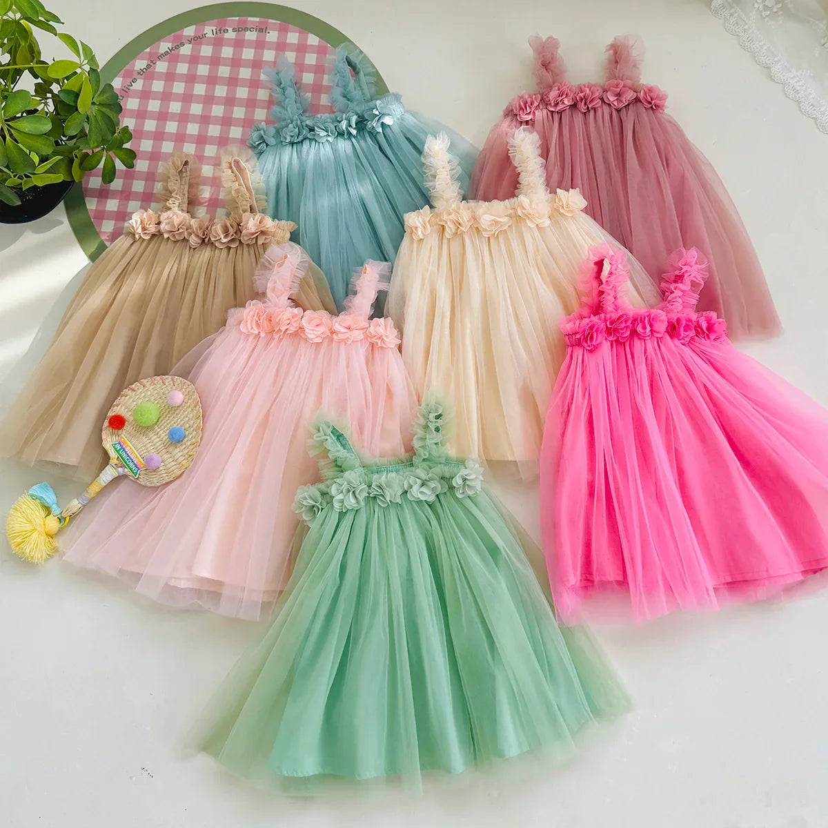1-6 Y Girls Dresses  3D Flower A Line Dress for Girls Sleeveless Camisole Mesh Dress