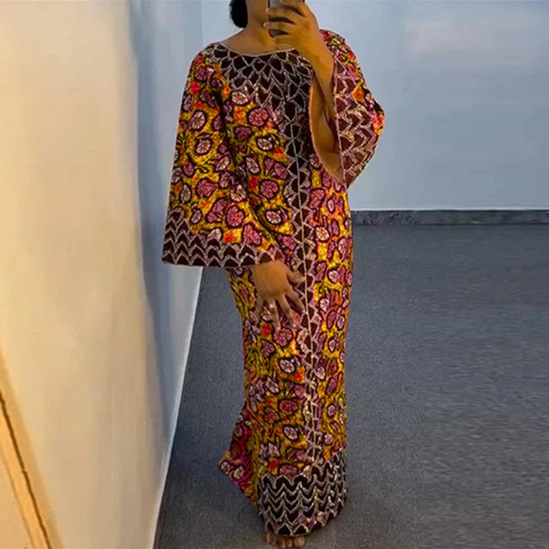 Bohemian Party Dress Elegant Women Printing Sundress Vintage Flare Long Sleeve Maxi Vestidos Oversized O-Neck Robe Femme