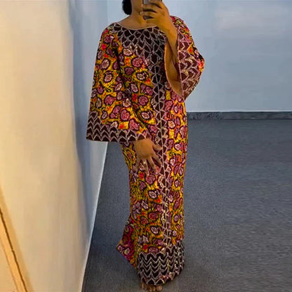 Bohemian Party Dress Elegant Women Printing Sundress Vintage Flare Long Sleeve Maxi Vestidos Oversized O-Neck Robe Femme
