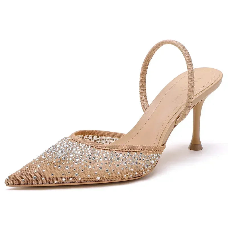 Luxury Designer Shiny Rhinestone Mesh Heeled Sandals Women Summer Sexy Pointed Toe Slingbacks Thin High Heels Elegant Dress Shoe