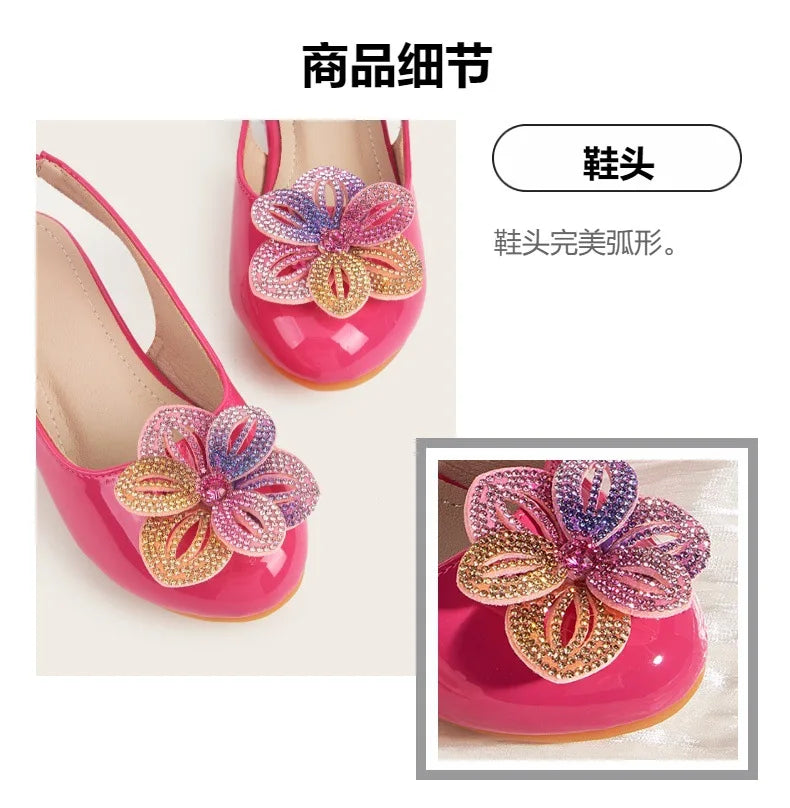 Summer New Children's High Heels Girls' Crystal Princess Shoes Hollow Heel Round Toe Fashion Flower Baby Girls' Sandals Rose Red